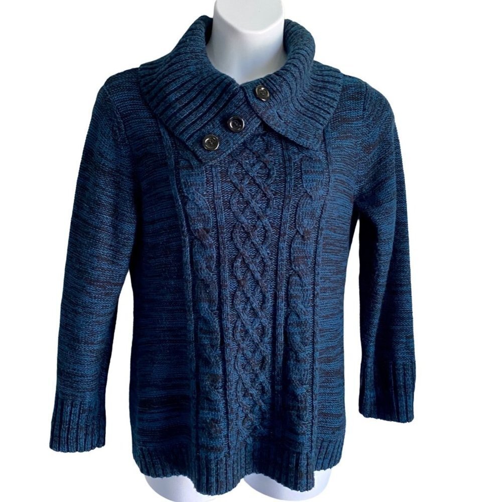 Karen Scott Navy Pull Over Cable Knit Sweater Button Collar Women's Medium - Picture 2 of 9